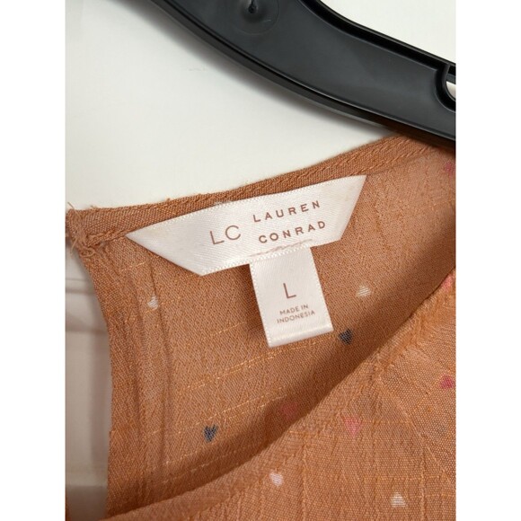 LC Lauren Conrad Blouse Top Large Orange Hearts Long Bell Sleeves Open Back - Picture 2 of 6